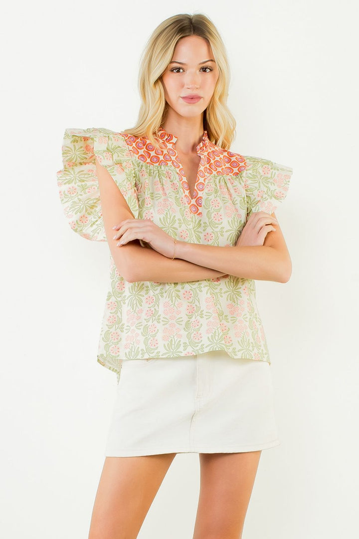 Flutter Sleeve Floral Pattern V Neck Top in Green and Pink