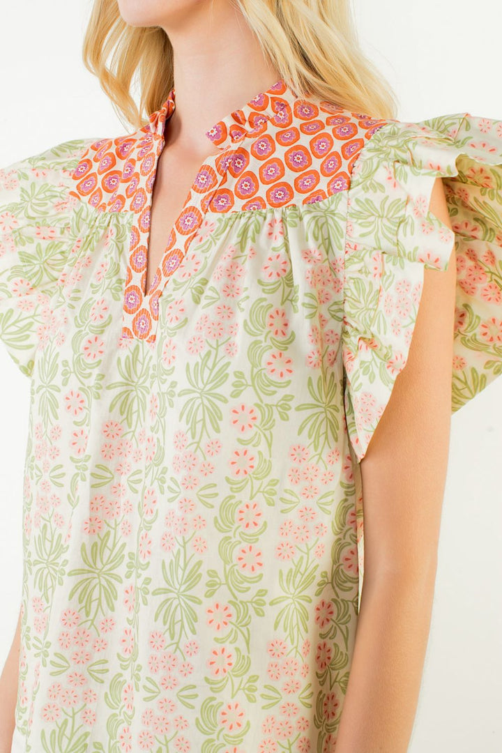 Flutter Sleeve Floral Pattern V Neck Top in Green and Pink