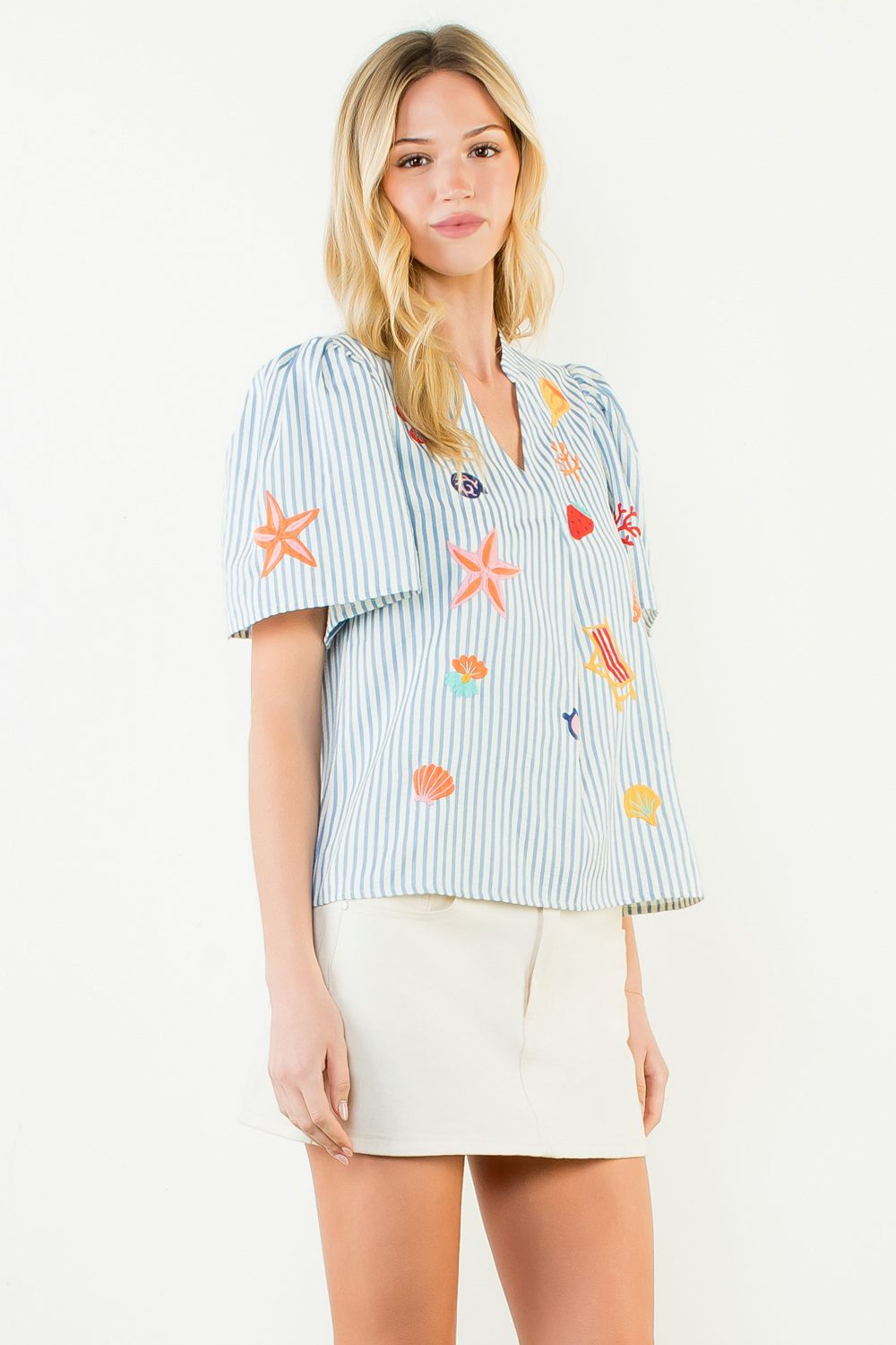 Short Sleeve Beach Embroidery Detail Top