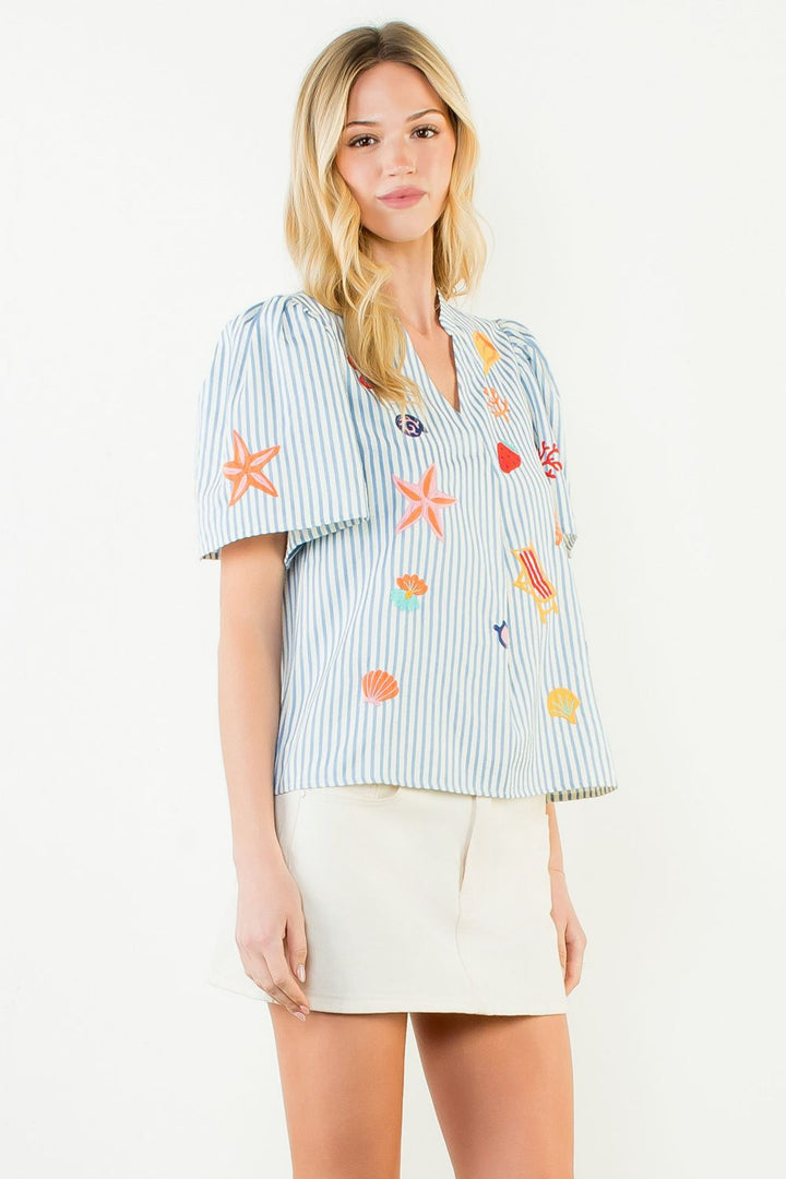 Short Sleeve Beach Embroidery Detail Top