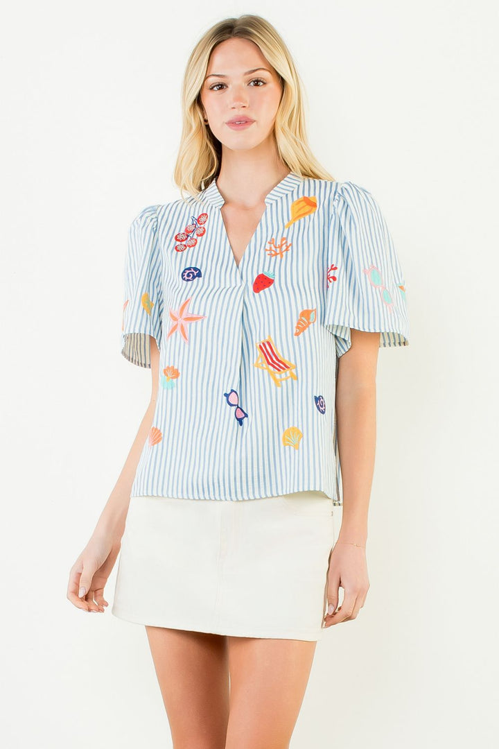 Short Sleeve Beach Embroidery Detail Top