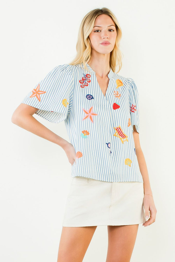 Short Sleeve Beach Embroidery Detail Top