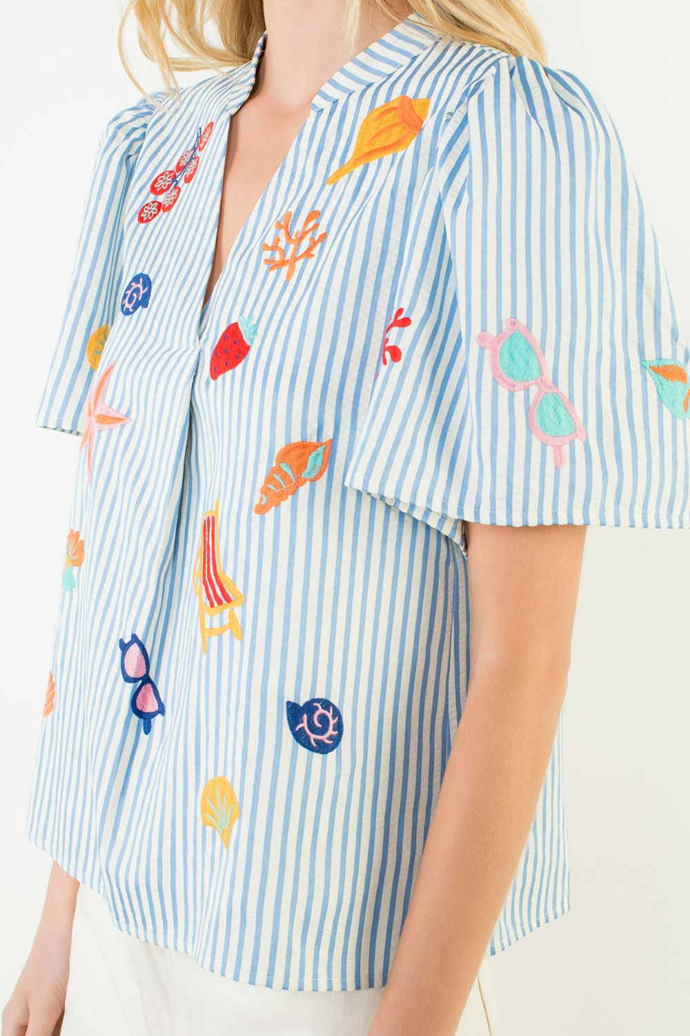 Short Sleeve Beach Embroidery Detail Top