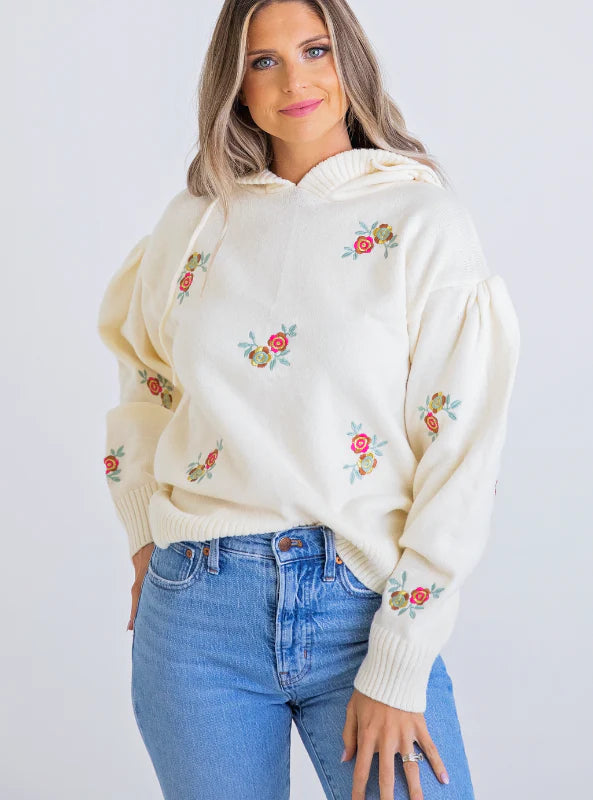 Ivory Embroidered Floral Novelty Sweater Hoodie