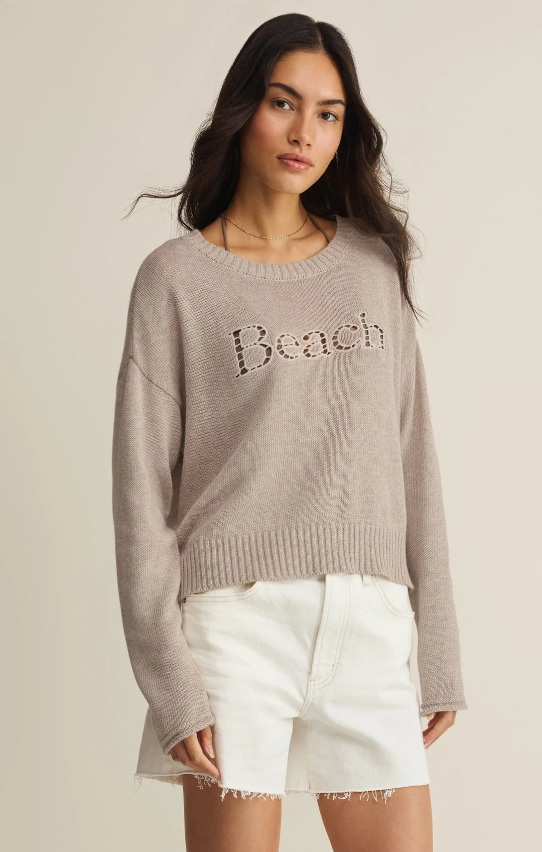 Beach Embroidered Sweater in Natural Heather