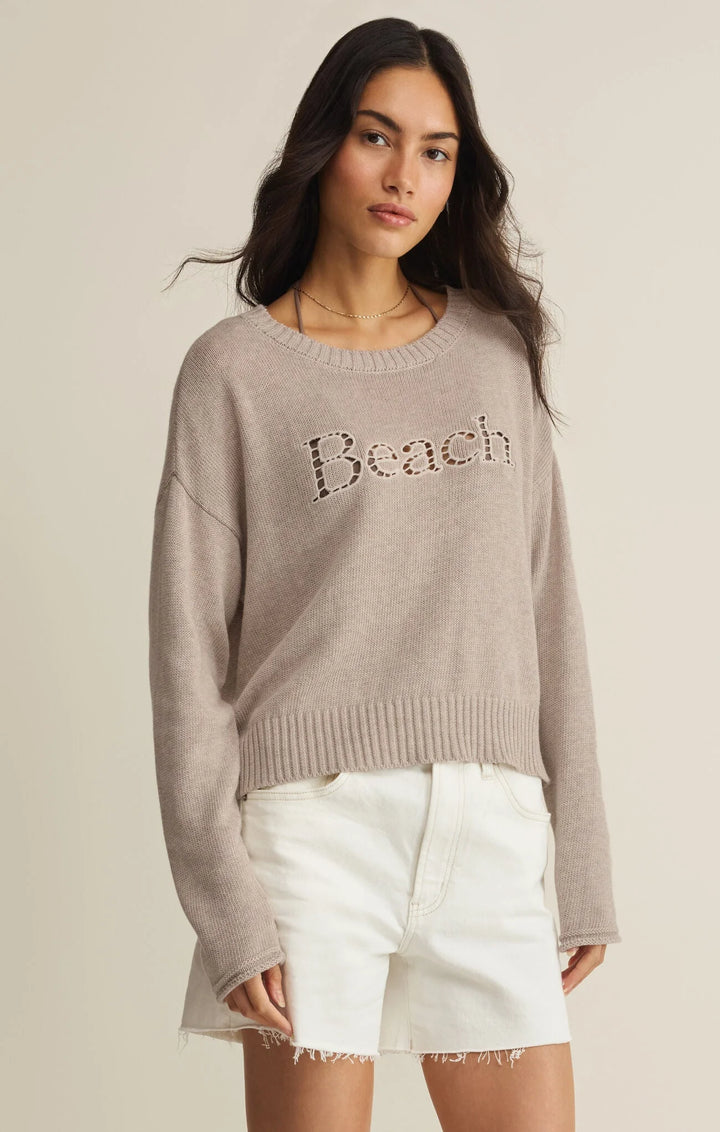 Beach Embroidered Sweater in Natural Heather