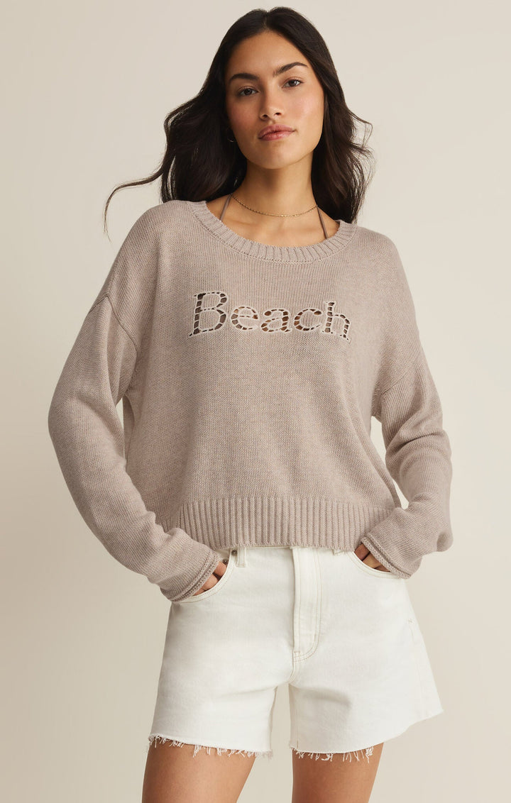 Beach Embroidered Sweater in Natural Heather